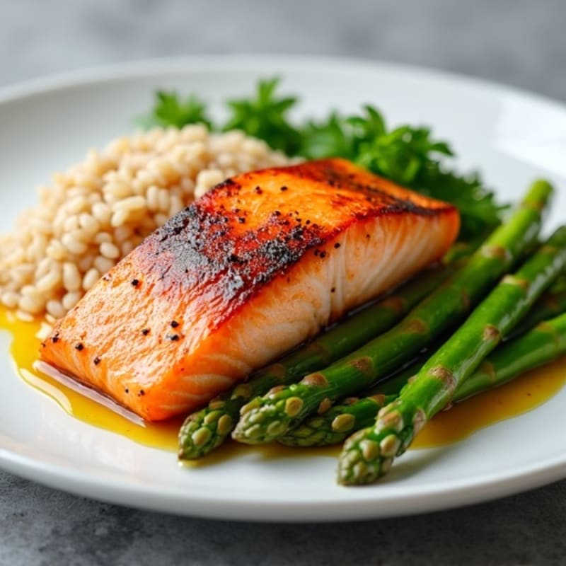 Seared Salmon with Steamed Asparagus and Brown Rice