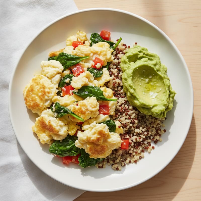Egg White Veggie Scramble with Quinoa and Smashed Avocado