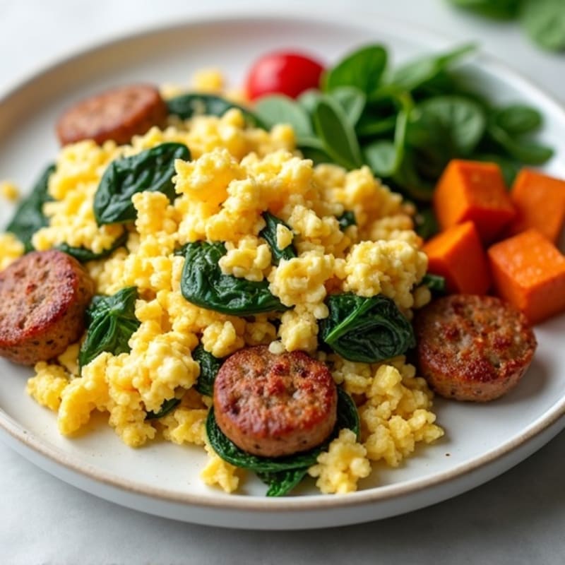 Egg White and Turkey Sausage Scramble with Spinach and Roasted Sweet Potato