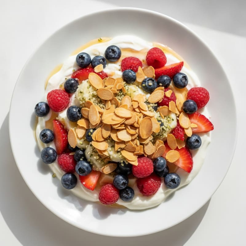 Greek Yogurt Protein Parfait with Mixed Fruit and Almonds