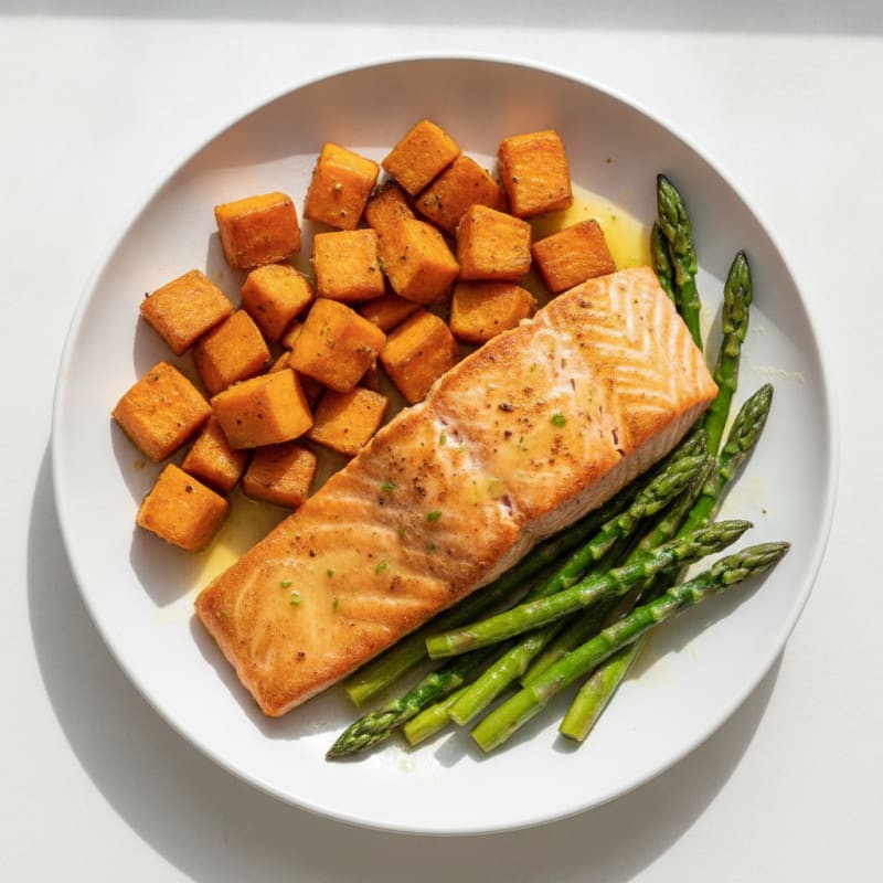 Seared Salmon with Roasted Sweet Potato and Asparagus