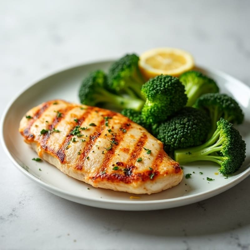 Grilled Chicken Breast with Steamed Broccoli and Lemon