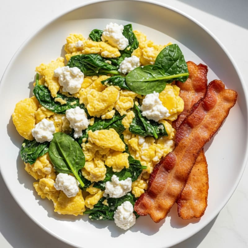 Cottage Cheese Egg Scramble with Spinach and Turkey Bacon