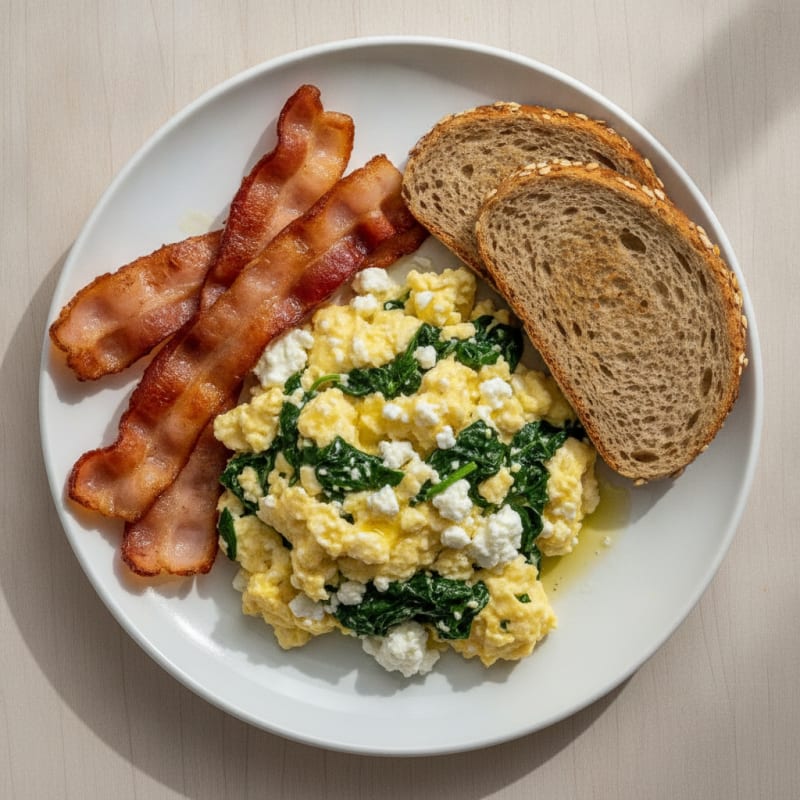 Cottage Cheese Scramble with Spinach and Turkey Bacon