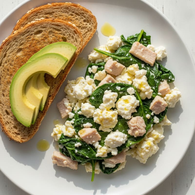 Egg White and Spinach Scramble with Cottage Cheese and Sliced Turkey