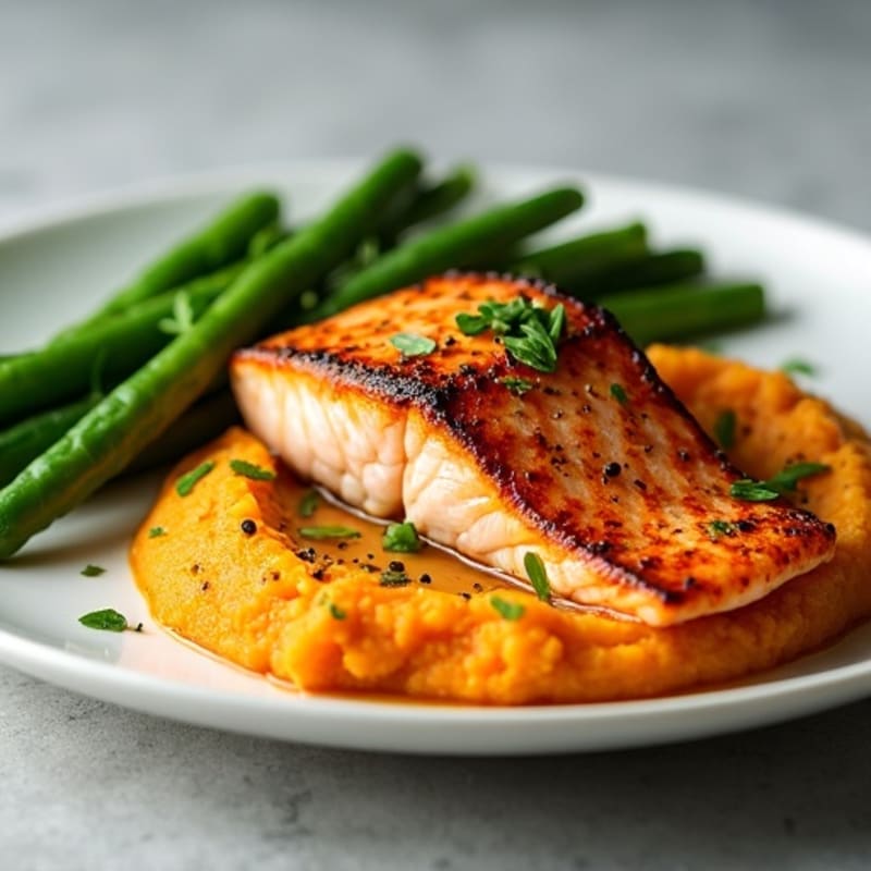 Seared Salmon with Garlic Green Beans and Sweet Potato Mash