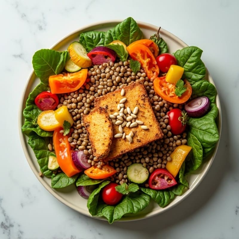 Crispy Tofu and Lentil Power Salad with Roasted Vegetables