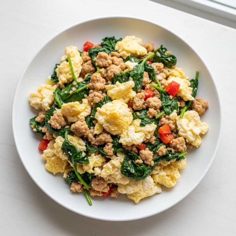 Egg White Scramble with Turkey Sausage and Sautéed Spinach