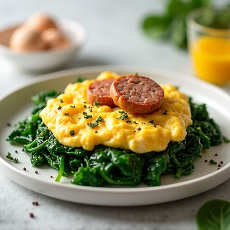 Egg White and Turkey Sausage Scramble with Sautéed Spinach