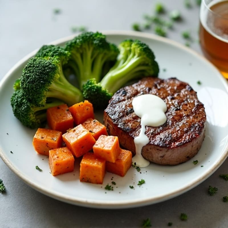 Seared Steak with Roasted Sweet Potatoes and Steamed Broccoli with a Greek Yogurt Drizzle