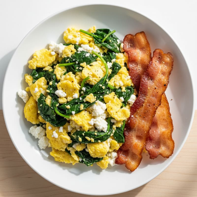 Cottage Cheese Egg Scramble with Spinach and Turkey Bacon