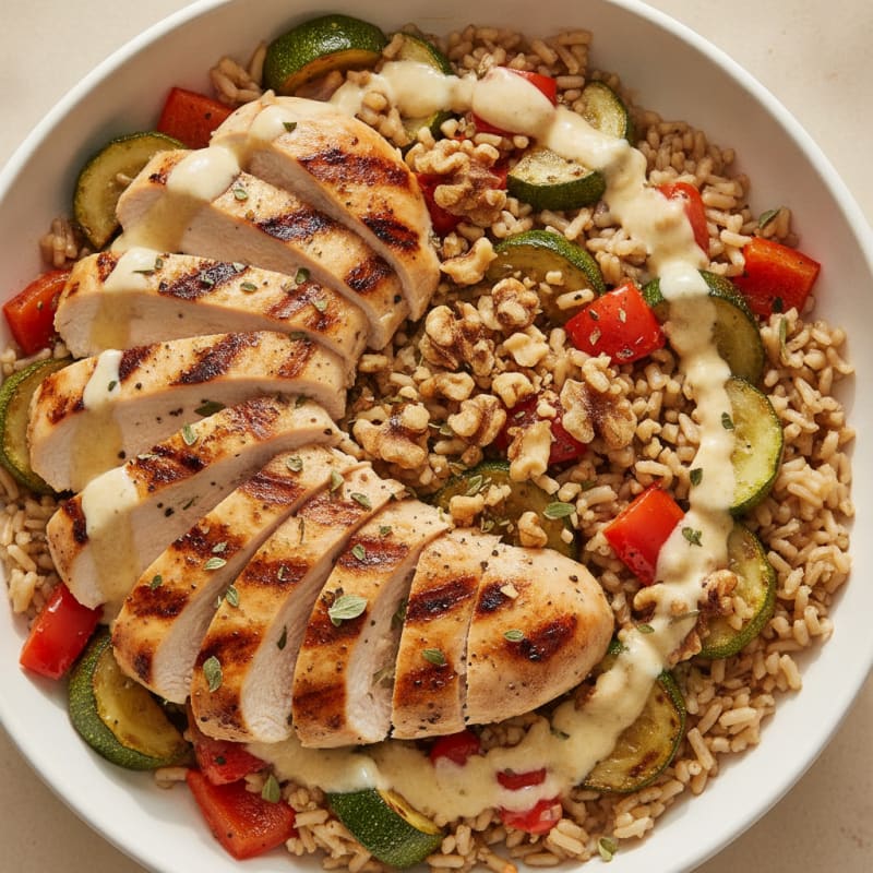 Grilled Chicken Grain Bowl with Brown Rice, Roasted Vegetables, and Toasted Walnuts