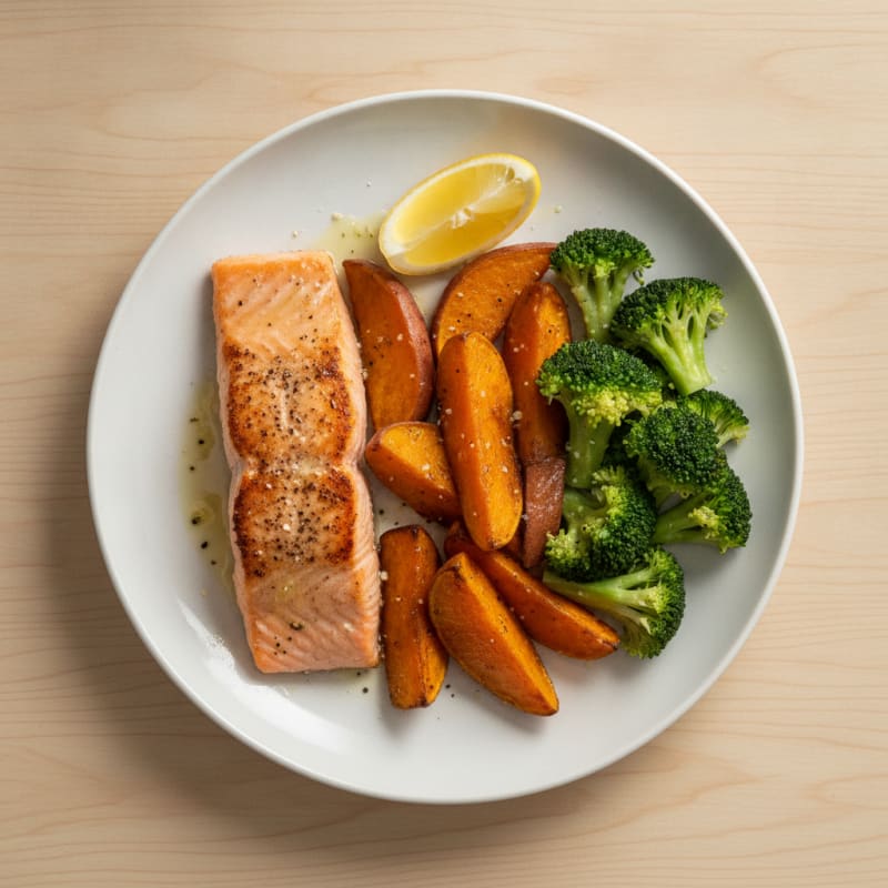 Seared Salmon with Roasted Sweet Potato and Steamed Broccoli