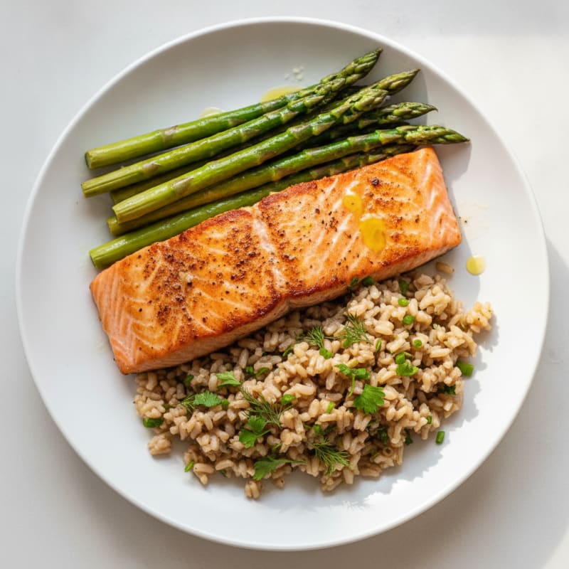 Seared Salmon Filet with Steamed Asparagus and Herbed Brown Rice