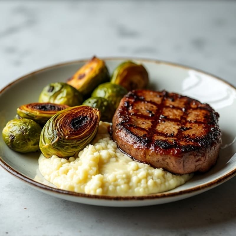 Seared Sirloin Steak with Roasted Brussels Sprouts and Garlic Mashed Cauliflower