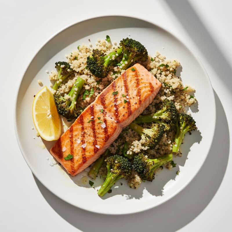 Seared Salmon Filet with Roasted Broccoli and Quinoa