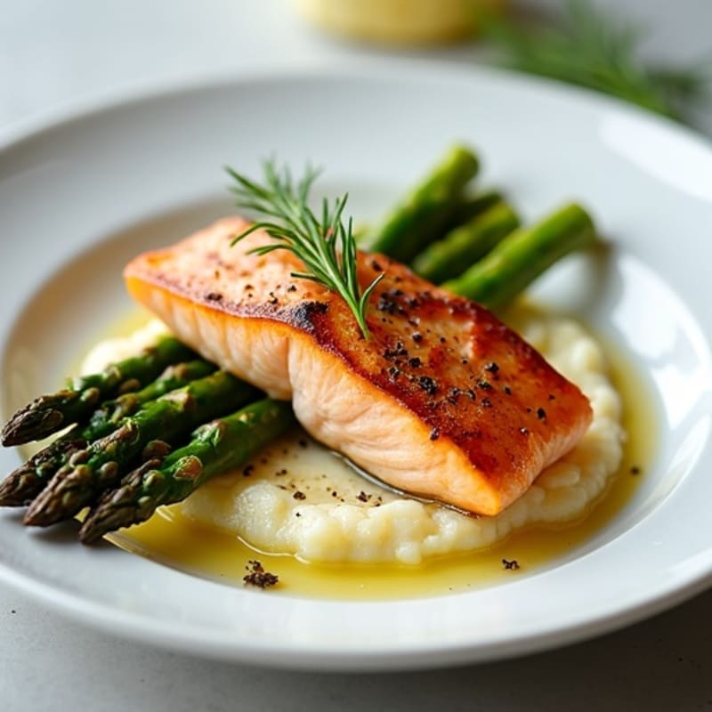 Seared Salmon with Roasted Asparagus and Cauliflower Mash
