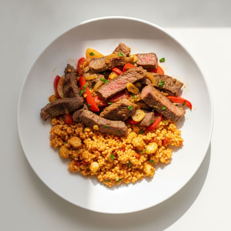 Lean Beef and Vegetable Stir Fry with Jollof-Style Cauliflower Rice
