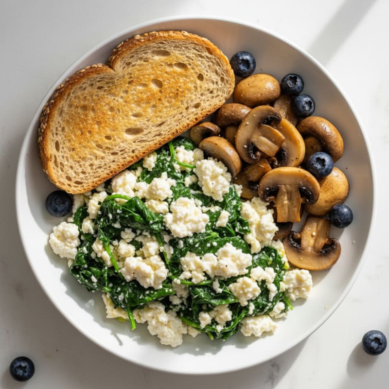 Egg White Spinach Scramble with Cottage Cheese and Sautéed Mushrooms