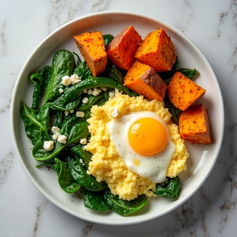 Fluffy Scrambled Eggs with Fresh Spinach and Roasted Sweet Potatoes