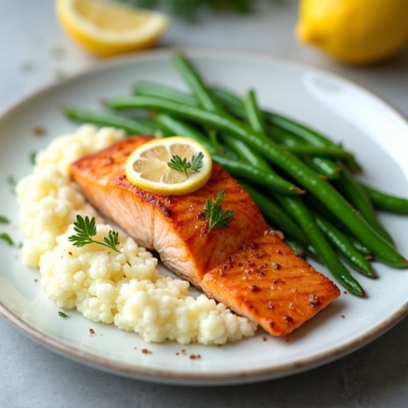 Seared Salmon with Steamed Green Beans and Cauliflower Mash