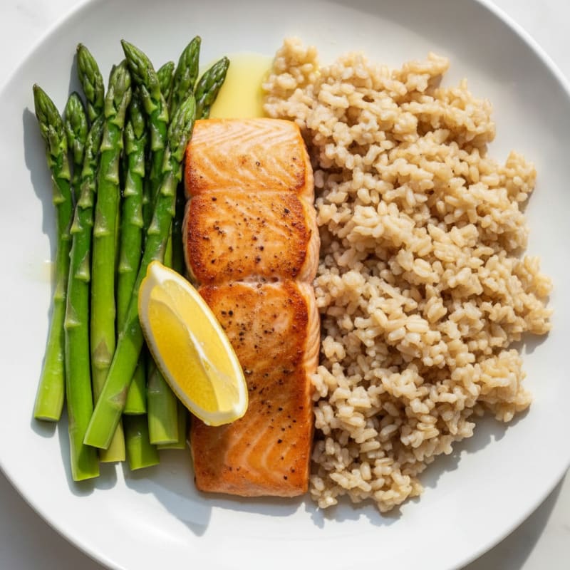 Seared Salmon with Steamed Asparagus and Brown Rice
