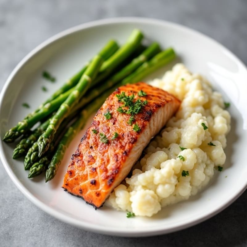 Seared Salmon with Steamed Asparagus and Garlic Mashed Cauliflower