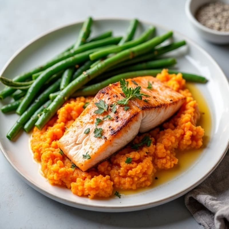 Seared Salmon with Steamed Green Beans and Sweet Potato Mash
