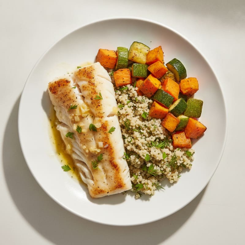 Baked Cod with Herb Quinoa and Roasted Mixed Vegetables