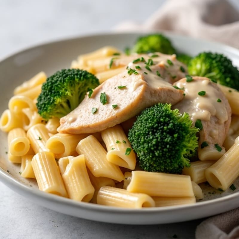 Creamy Garlic Chicken Pasta with Roasted Broccoli