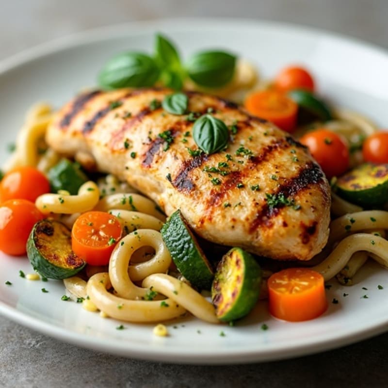 Hearty Chicken Pesto Whole Wheat Pasta with Roasted Vegetables