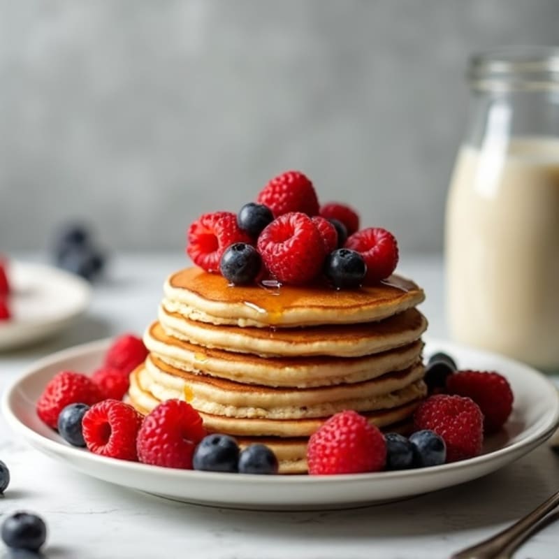 Fluffy Maple Glazed Protein Pancakes with Fresh Berries