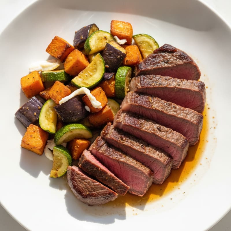 Seared Steak with Roasted Zucchini, Eggplant, and Sweet Potato
