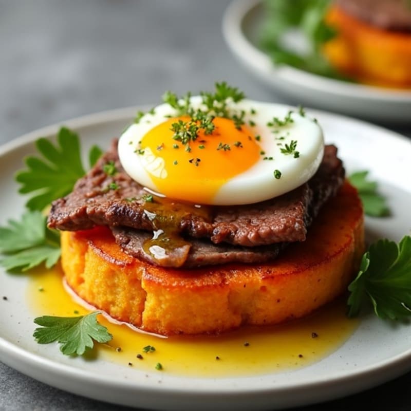 Crispy Sweet Potato Rounds with Herbed Beef and Soft Boiled Eggs