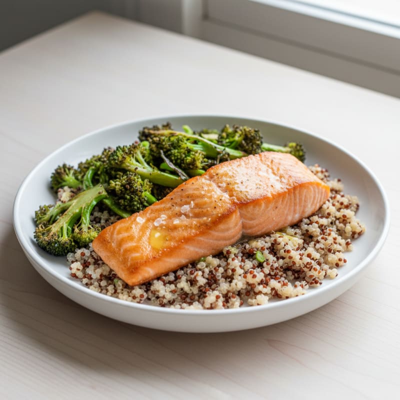 Seared Salmon Fillet with Roasted Broccoli and Quinoa