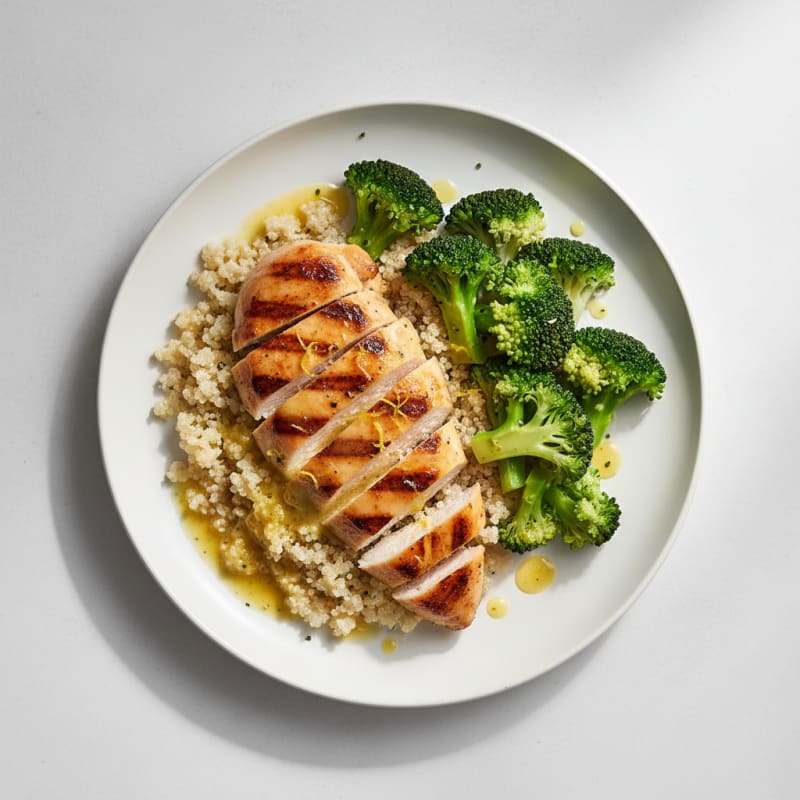Grilled Lemon Chicken Breast with Quinoa and Steamed Broccoli