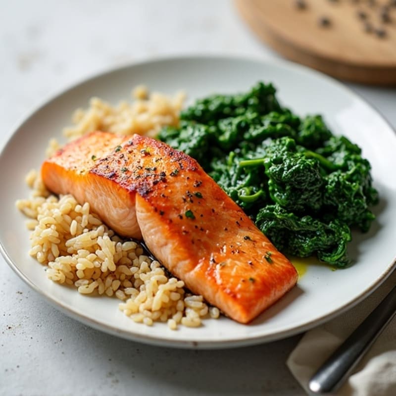 Seared Salmon with Creamy Garlic Spinach and Brown Rice