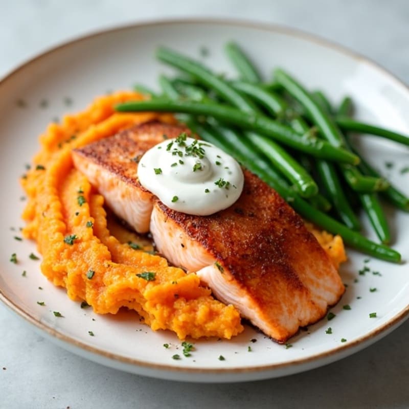 Seared Salmon with Steamed Green Beans and Sweet Potato Mash