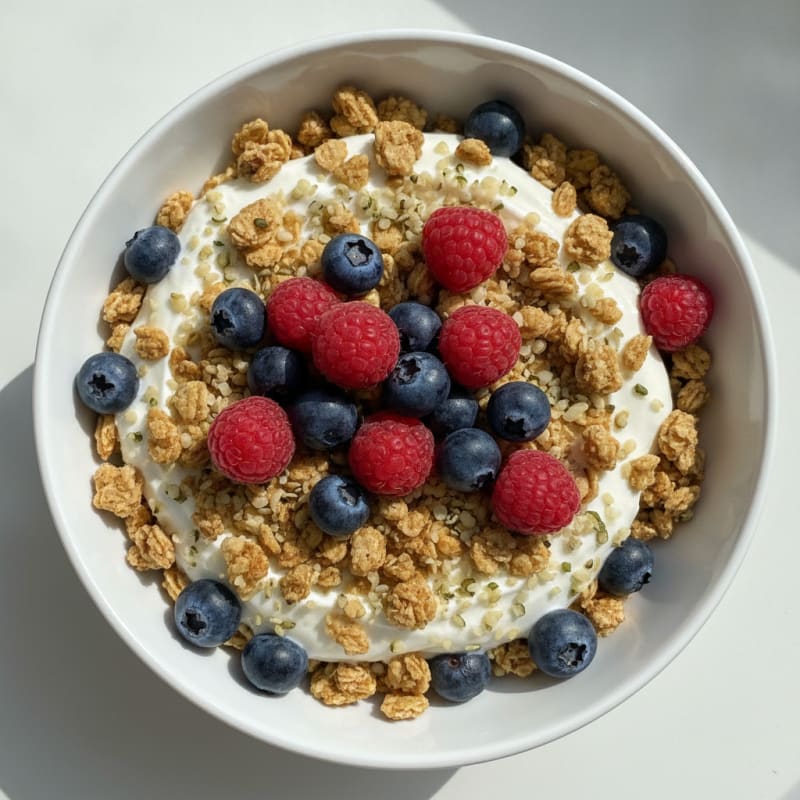 Vanilla Greek Yogurt Parfait with Protein Granola and Berries