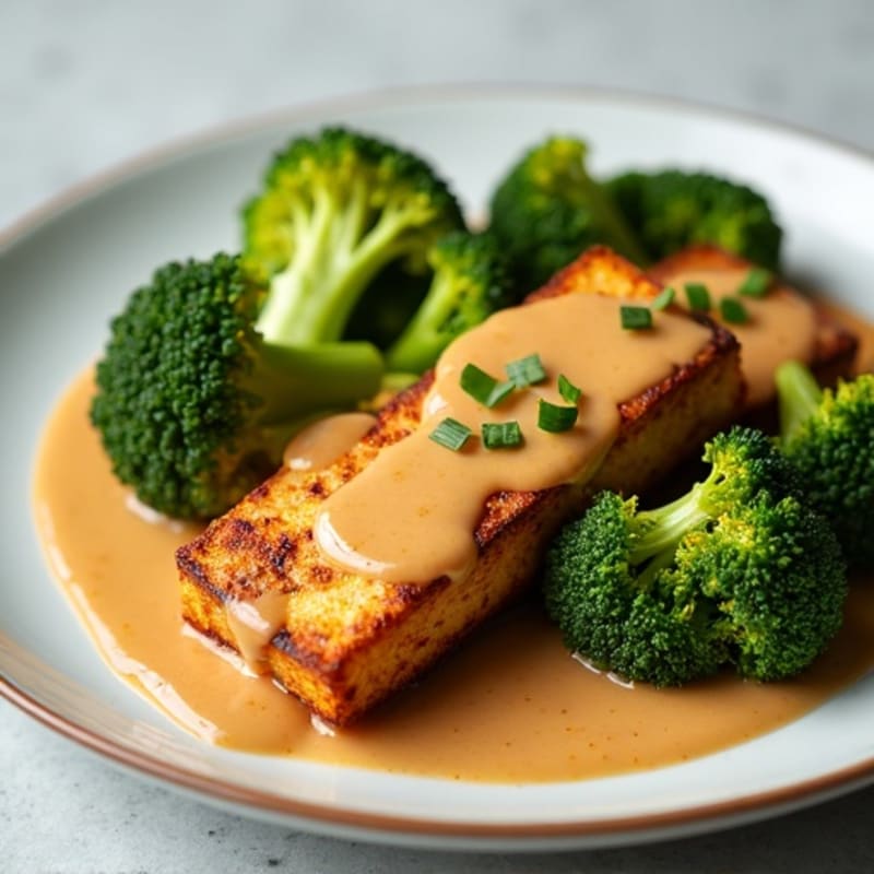 Crispy Baked Tofu with Roasted Broccoli and Creamy Peanut Sauce