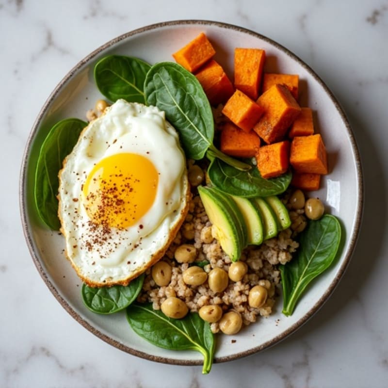 Egg White and Turkey Spinach Scramble with Roasted Sweet Potatoes