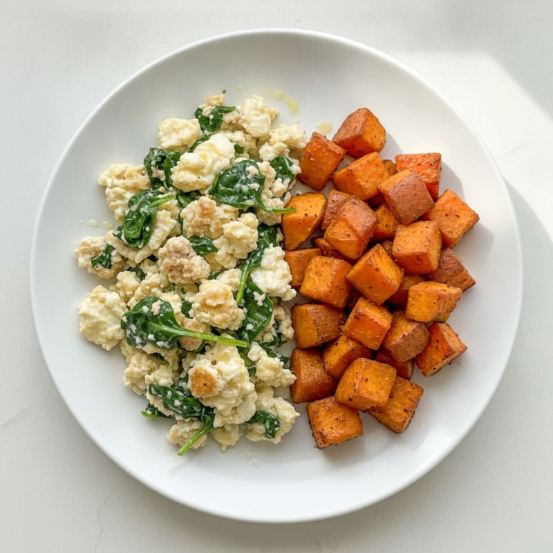 Egg White and Turkey Sausage Scramble with Spinach and Roasted Sweet Potatoes