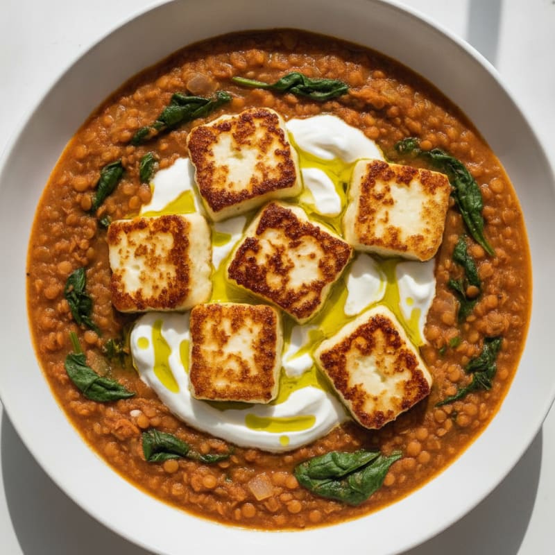 Creamy Lentil and Spinach Stew with Grilled Halloumi