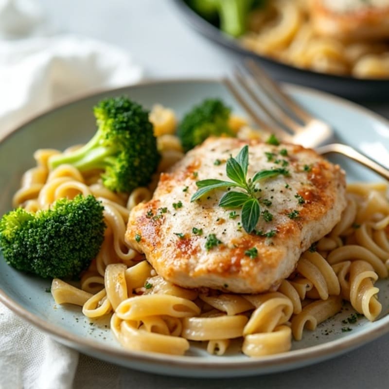 Lighter Creamy Garlic Chicken Whole Wheat Pasta with Roasted Broccoli