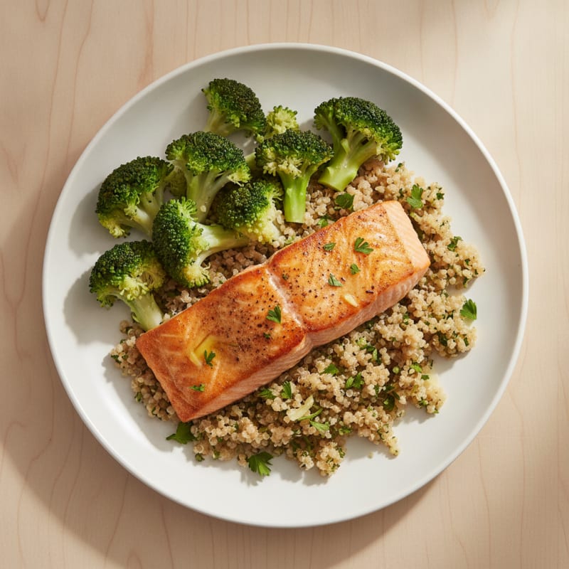 Seared Salmon with Steamed Broccoli and Herb Quinoa