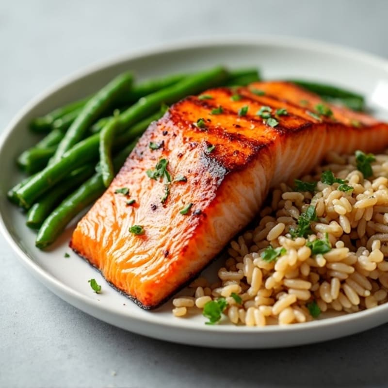 Seared Salmon with Garlic Green Beans and Brown Rice