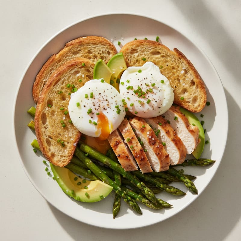 Poached Eggs with Roasted Asparagus and Chicken