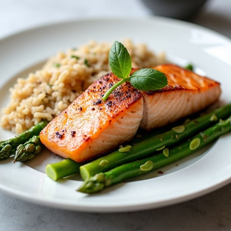 Seared Salmon with Steamed Asparagus and Brown Rice