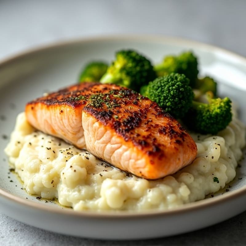 Seared Salmon with Roasted Broccoli and Garlic Mash