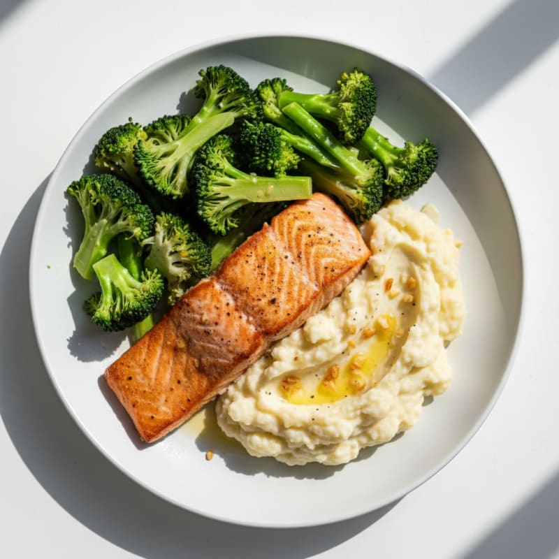 Seared Salmon with Steamed Broccoli and Garlic Mashed Cauliflower